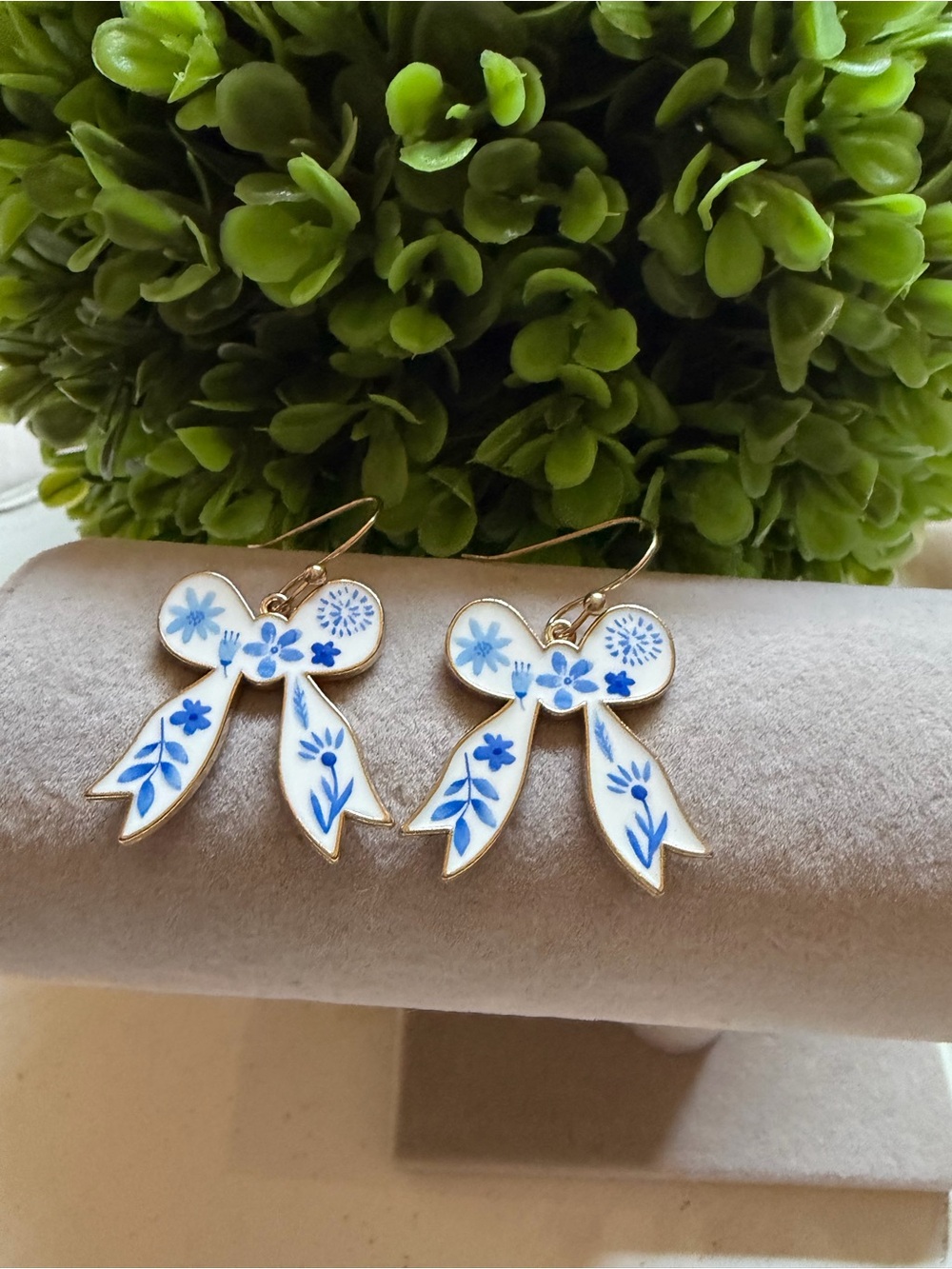 Coquette Blue and White Floral Drop Earrings with Gold tone Edging